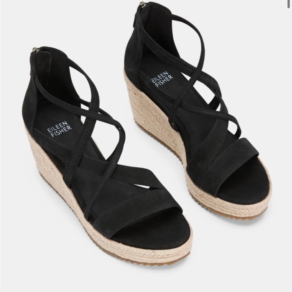 Eileen Fisher Black Suede Crisscross Espadrille Wedge Sandals